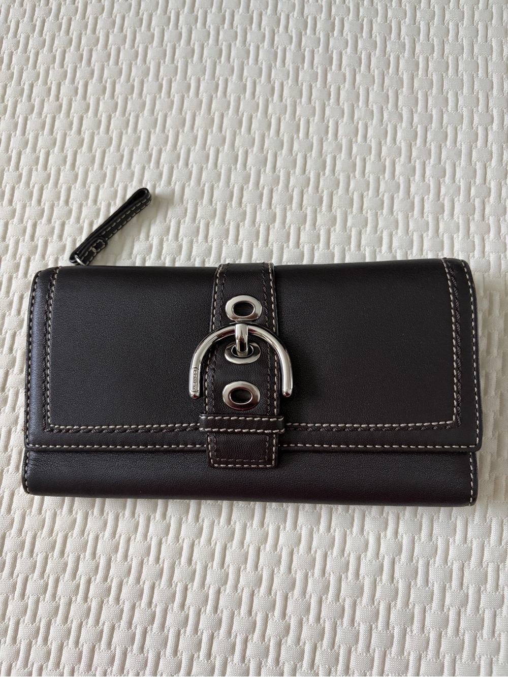 Coach Women's Dark Brown Leather Wallet with Silver Buckle